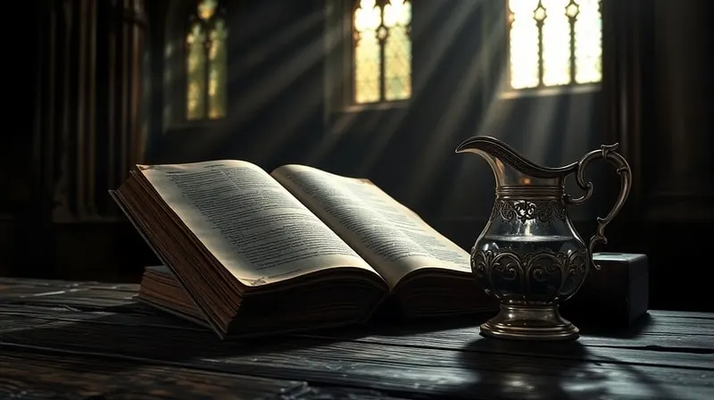 Libro antiguo, cruet de plata, altar de madera