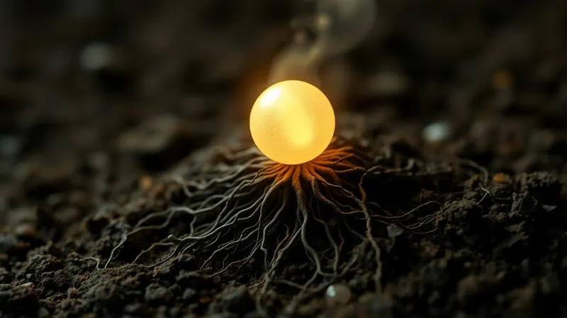 3D render of a glowing seed sprouting from dark earth with intricate roots, symbolizing foundational identity