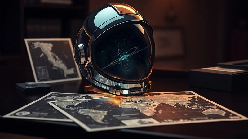 Casco de astronauta vintage sobre un escritorio con mapas estelares