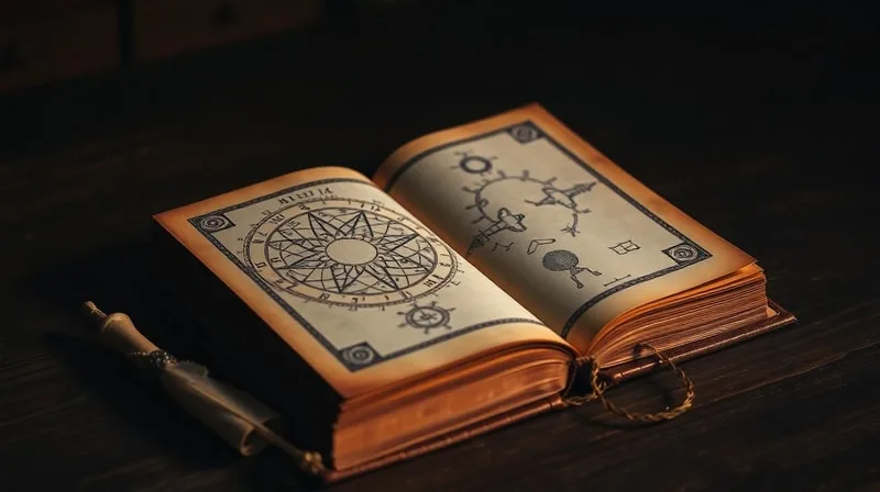 An antique, leather-bound astrology book open on a wooden desk with a quill and scroll, bathed in ethereal light.