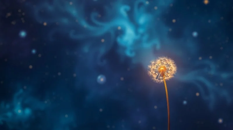 A single, glowing dandelion seed floating through a vast, abstract cosmic landscape, symbolizing personal potential.