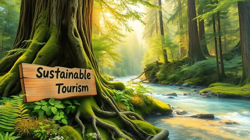 Pintura de acuarela de un bosque sereno con un río claro, luz solar filtrándose a través de los árboles y flora indígena. Un letrero rústico de 'Sendero Ecológico' es visible.