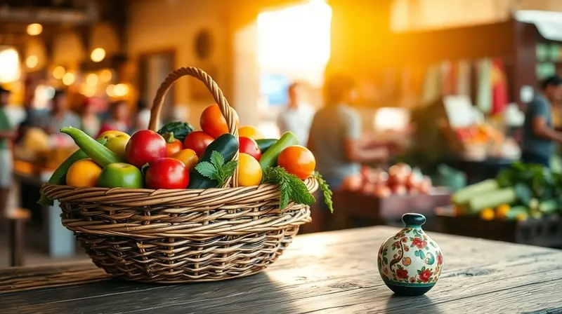 Naturaleza muerta cinematográfica de una cesta tejida a mano llena de frutas y verduras frescas y cultivadas localmente, sobre una mesa de madera frente a una ventana que da a un mercado tradicional bullicioso. Un pequeño recuerdo de cerámica pintado a mano descansa junto a la cesta.