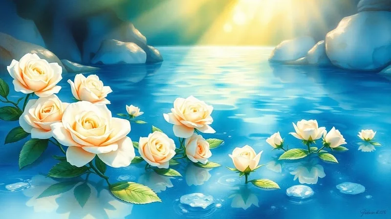Pintura acuarela de un río de agua pura con rosas blancas, simbolizando sanación.