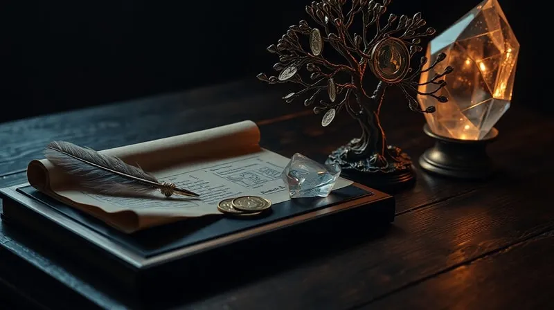 Cinematic still life photography of an antique wooden desk with a vintage quill, parchment, a money tree sculpture, and a glowing crystal, under soft, dramatic lighting.