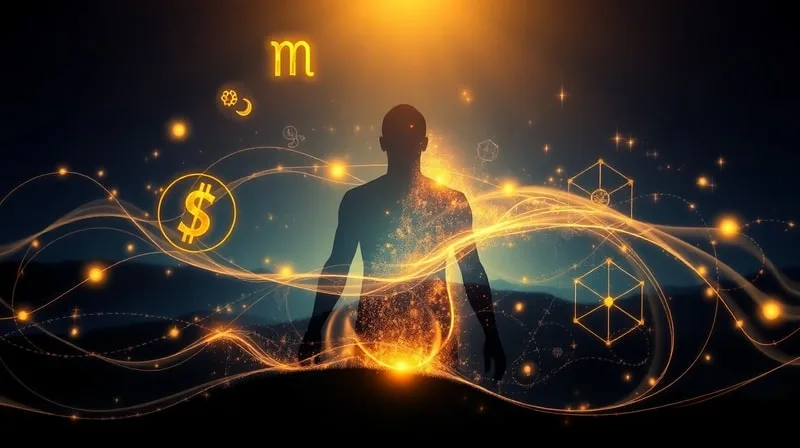 Abstract conceptual art with swirling patterns of golden light and deep indigo hues forming a subtle human silhouette, surrounded by floating symbols of achievement and inner peace.