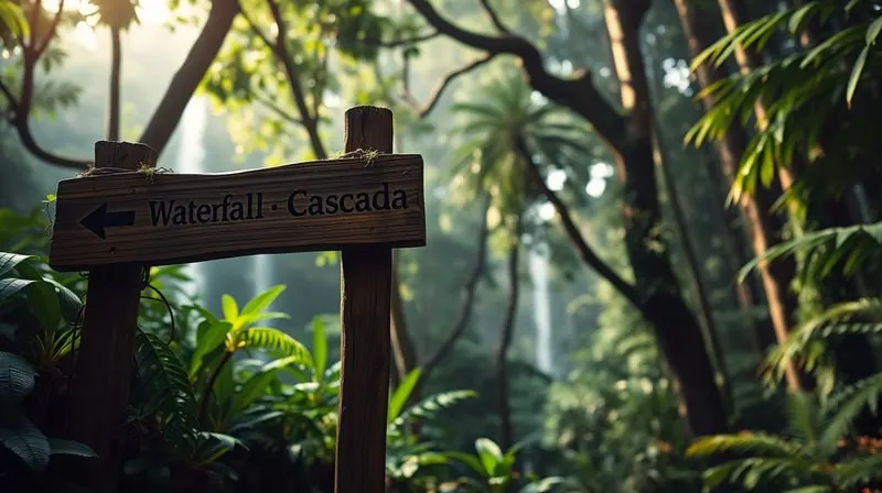 Señal de madera en un bosque lluvioso, indicando una cascada y un pueblo indígena, simbolizando la conservación de la naturaleza y el respeto cultural.