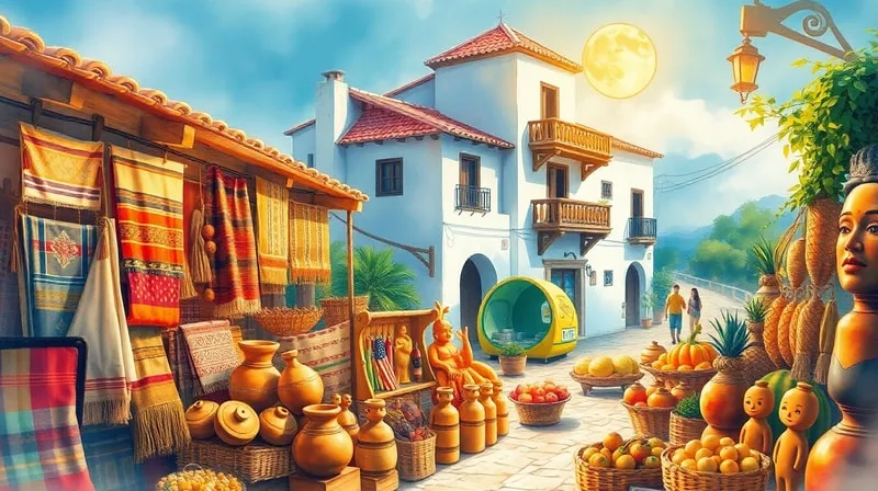 Pintura de acuarela de artesanías y productos locales en un puesto de mercado, con arquitectura tradicional de fondo, destacando la riqueza cultural y económica.