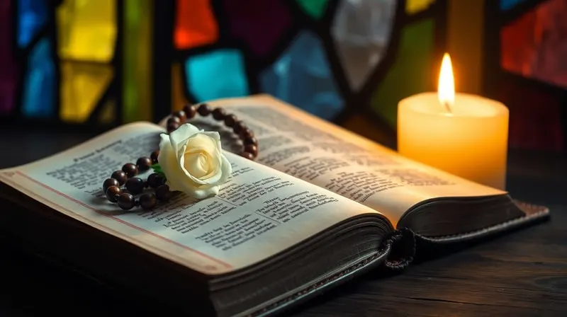 Rosario antiguo sobre un libro de oraciones abierto, con una rosa blanca y una vela, en un estilo de pintura al óleo contemplativo.