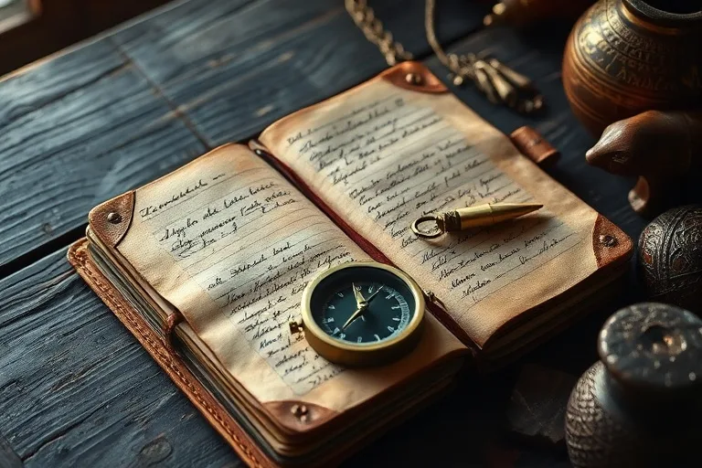 Fotografía cinematográfica de un cuaderno de viaje antiguo, una brújula y artesanías locales sobre una mesa de madera rústica, iluminados por luz natural.