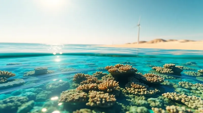 Render 3D de un diorama de un arrecife de coral prístino con pequeñas turbinas eólicas en una costa lejana, simbolizando la protección ambiental y la energía limpia.