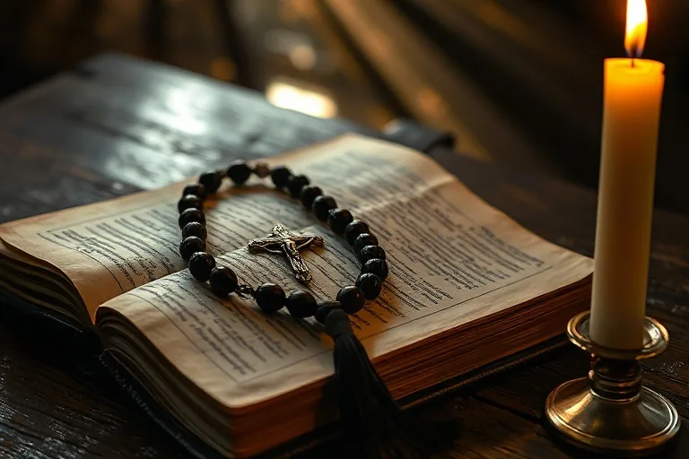 Un rosario antiguo sobre una Biblia abierta y desgastada, con una vela parpadeante proyectando sombras sobre una mesa de madera.