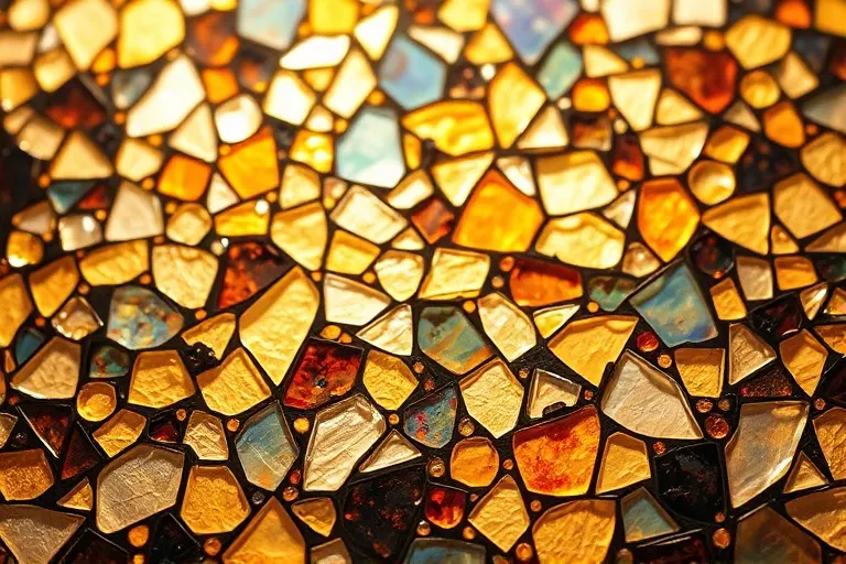 Un mosaico de fragmentos de vidrieras que representan símbolos abstractos de esperanza y advertencia, iluminado por una suave luz cálida desde atrás, sugiriendo guía espiritual en la incertidumbre.