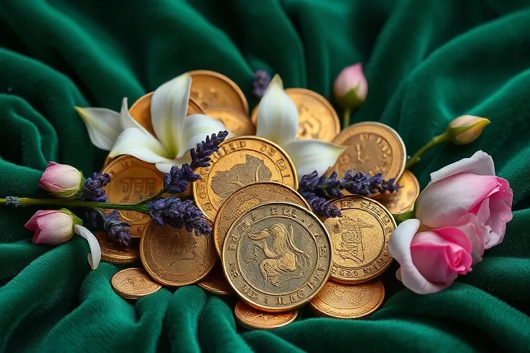 Ancient coins and delicate flowers on velvet, symbolizing material and intrinsic value