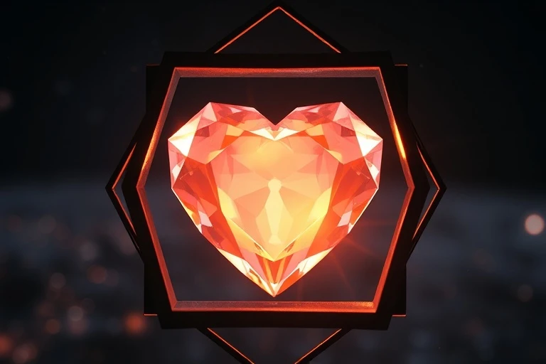 Glowing heart-shaped gemstone in a geometric structure, symbolizing self-worth