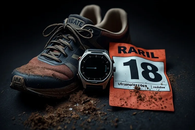 Primer plano de zapatillas de trail running embarradas, reloj de frecuencia cardíaca y dorsal de carrera sobre fondo oscuro.
