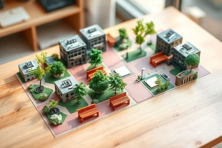 Pintura de acuarela de un modelo de planificación urbana en miniatura, con pequeños bancos, farolas y áreas verdes sobre un escritorio.