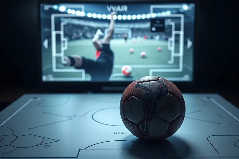 Fotografía cinematográfica de un balón de fútbol sobre una pizarra táctica, con un monitor VAR mostrando una jugada polémica y una tarjeta roja.