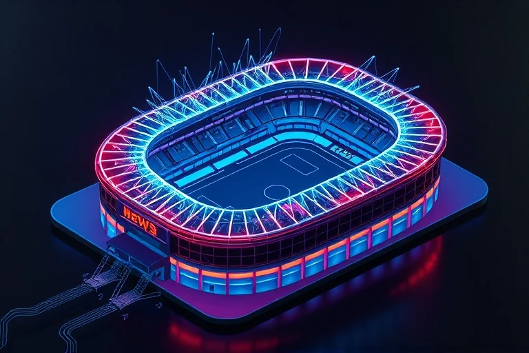 Arte conceptual de un estadio de fútbol isométrico con flujos de datos luminosos, simbolizando la precisión y el futuro tecnológico del deporte.