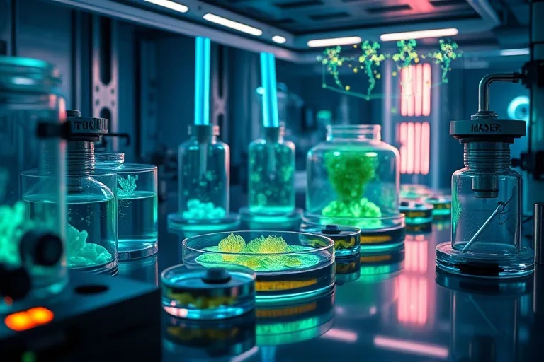 Detalle de un laboratorio futurista con instrumentos científicos y cultivos microbianos, simbolizando la búsqueda de biofirmas