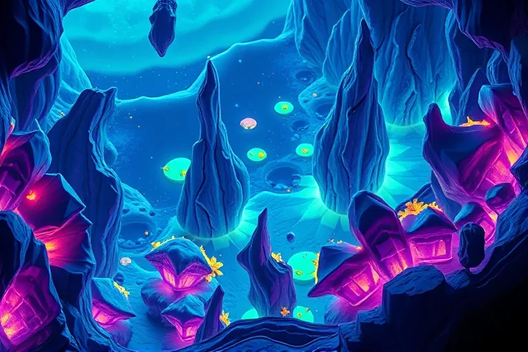 Ilustración digital abstracta de un ecosistema bioluminiscente en un océano subsuperficial de una luna helada, con formaciones geológicas únicas