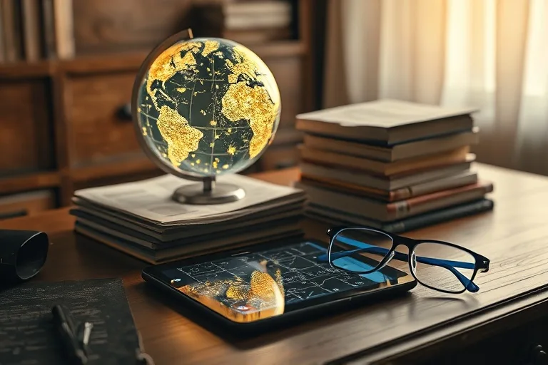 Bodegón cinematográfico de un escritorio de madera vintage con una colección organizada de herramientas educativas: un globo holográfico proyectando constelaciones, una pila de libros de texto de ciencia gastados, una tableta minimalista que muestra rompecabezas complejos y un par de gafas que bloquean la luz azul. Iluminación ambiental suave y cálida, muy detallado.