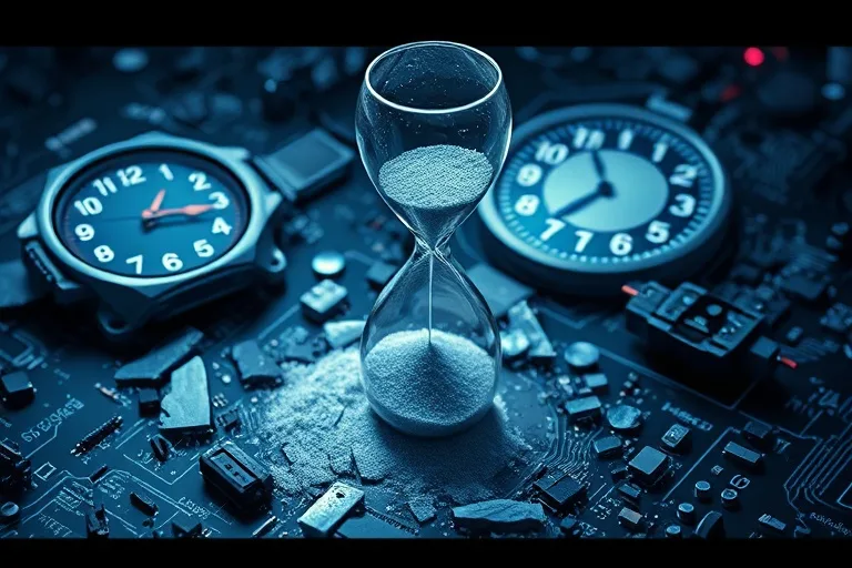 Arte conceptual abstracto de un reloj de arena roto con arena derramándose sobre una placa de circuito digital, rodeado de gafas de realidad virtual fragmentadas y una esfera de reloj distorsionada y tenuemente iluminada. La escena está bañada en un brillo frío e inquietante, simbolizando la posible interrupción del tiempo y la concentración.