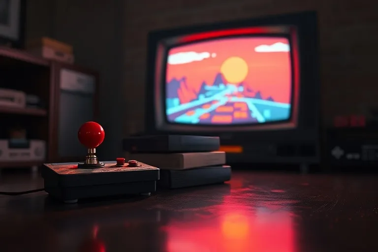 Bodegón cinematográfico de artefactos de videojuegos antiguos: un joystick de arcade, cartuchos y una pantalla CRT con pixel art.