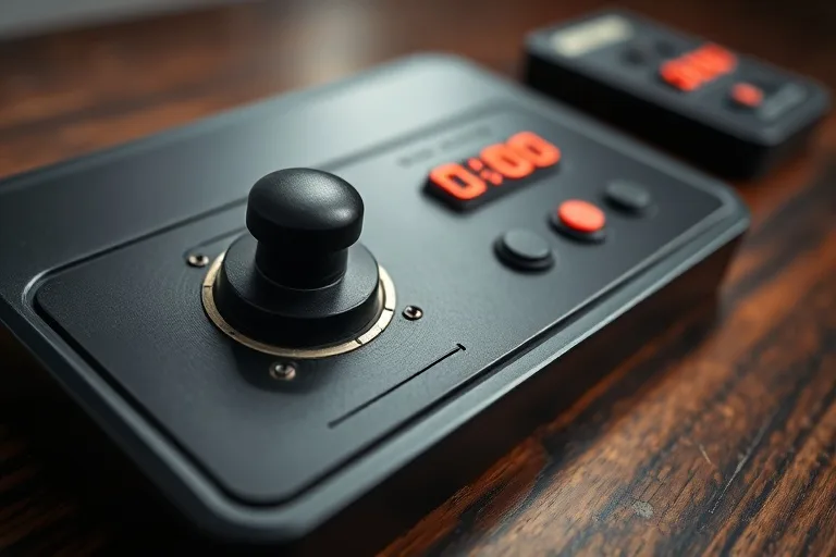 Fotografía vintage de un panel de control de arcade de Pong, con su paddle y marcador, sobre una superficie de madera.