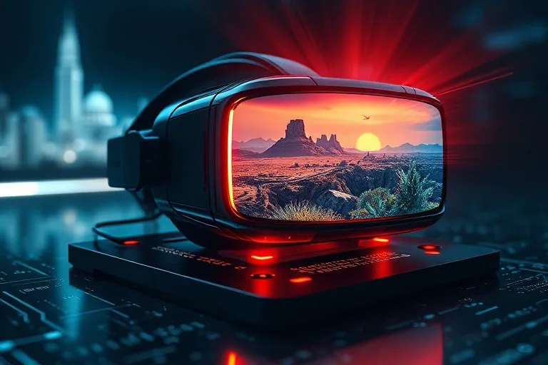 Auriculares de realidad virtual sobre una plataforma brillante, con proyecciones holográficas de paisajes de mundos abiertos.