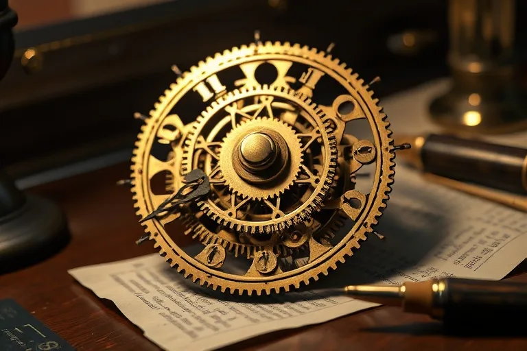 Primer plano de un mecanismo de reloj antiguo con engranajes de latón brillantes y oxidados, sobre un escritorio de madera oscura con papeles y plumas. La luz incide en los detalles intrincados de los engranajes, simbolizando la precisión mecánica y el trabajo intelectual del siglo XIX.