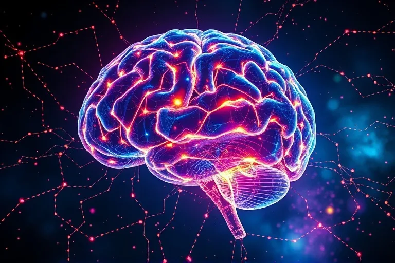 Representación conceptual de un cerebro humano estilizado con circuitos cuánticos y nodos de red neuronal entrelazados, flotando en un espacio etéreo con partículas de luz y energía. La paleta de colores incluye tonos de azul eléctrico, violeta y dorado para evocar la fusión de la mente y la tecnología avanzada.