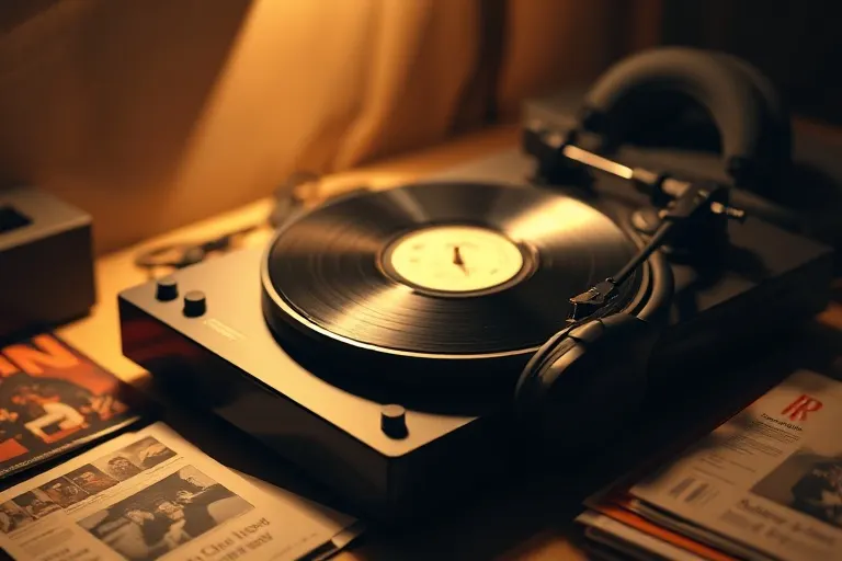 Fotografía cinematográfica de un tocadiscos vintage con un disco de vinilo girando, rodeado de auriculares y carátulas de álbumes antiguos, bajo una luz cálida y dramática.