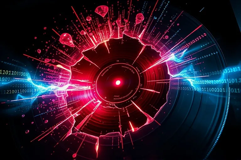 Arte conceptual de un disco de vinilo fragmentado, transformándose en un flujo de código binario y luz, simbolizando la evolución y la conexión entre lo analógico y lo digital.