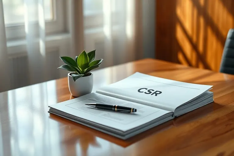 Bodegón cinematográfico de un escritorio de madera con informes de RSE y una planta, simbolizando la reflexión y el propósito corporativo.