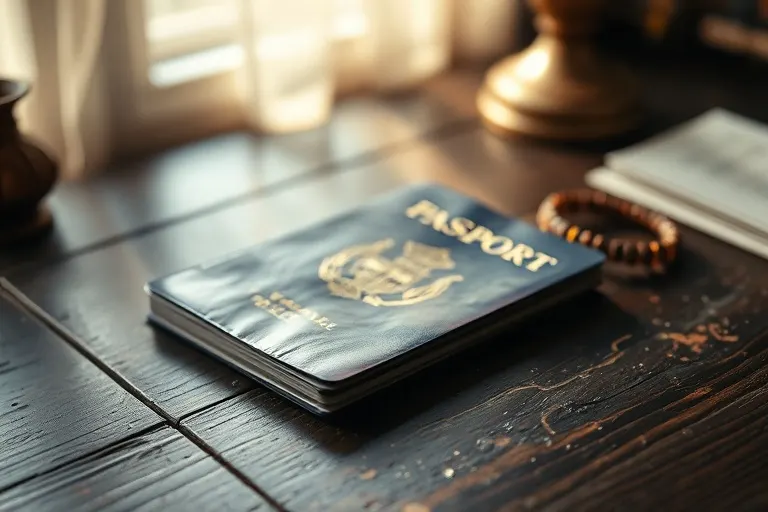 Fotografía cinematográfica de naturaleza muerta: un pasaporte gastado sobre un escritorio de madera vintage, junto a un pequeño recuerdo artesanal de un país en desarrollo, con luz natural suave y poca profundidad de campo, simbolizando un viaje y su impacto personal.