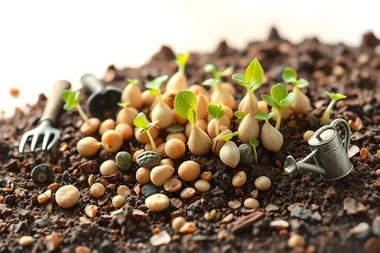 Pintura de acuarela de un grupo de semillas y plántulas brotando de tierra rica, rodeadas de herramientas de jardinería, simbolizando el crecimiento, los nuevos comienzos y el desarrollo comunitario, con tonos cálidos y terrosos.