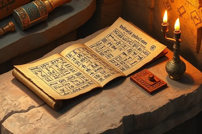 Pintura al óleo de fragmentos de papiro hierático egipcio antiguo que muestran cálculos y símbolos matemáticos, dispuestos sobre una mesa de piedra rugosa, iluminados por la luz parpadeante de una antorcha, con pinceladas texturizadas y una paleta de colores terrosos y ocre, naturaleza muerta.
