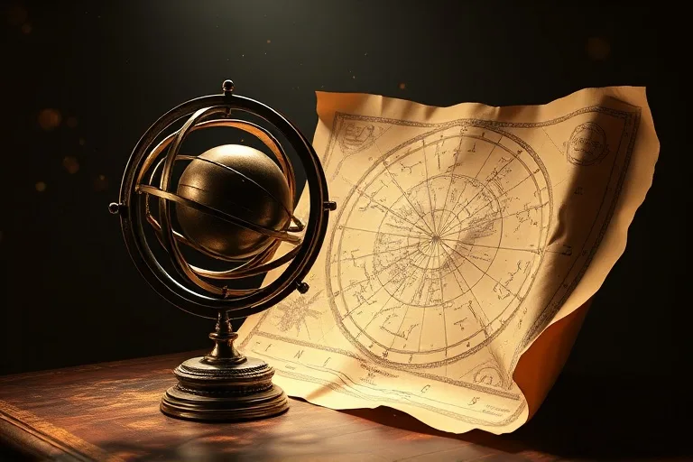 Naturaleza muerta cinematográfica de una esfera armilar de bronce y un mapa celestial antiguo