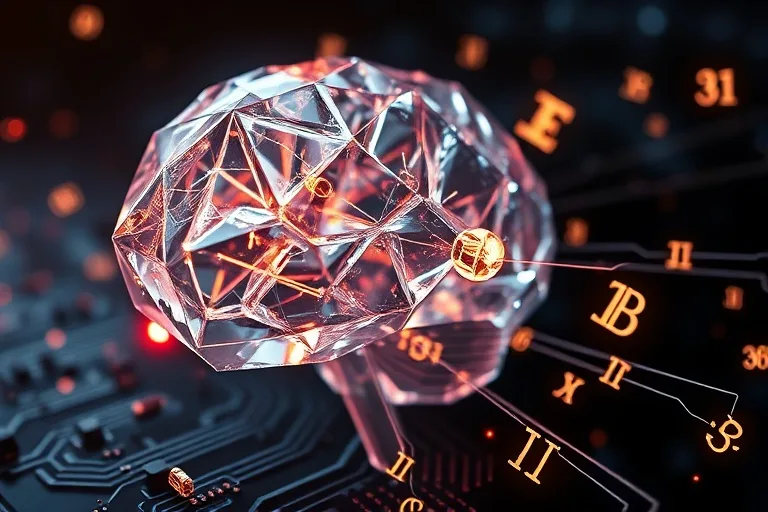 Una obra de arte conceptual que representa vías neuronales brillantes dentro de un modelo cerebral geométrico y transparente, rodeado de símbolos numéricos flotantes y cuentas de ábaco abstractas.