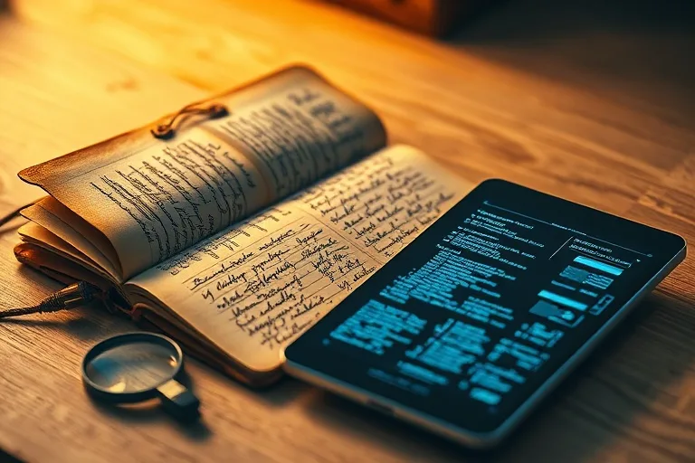 Diario antiguo con notas de comportamiento humano y una tablet con código algorítmico, simbolizando la evolución y los desafíos del diagnóstico de adicciones.