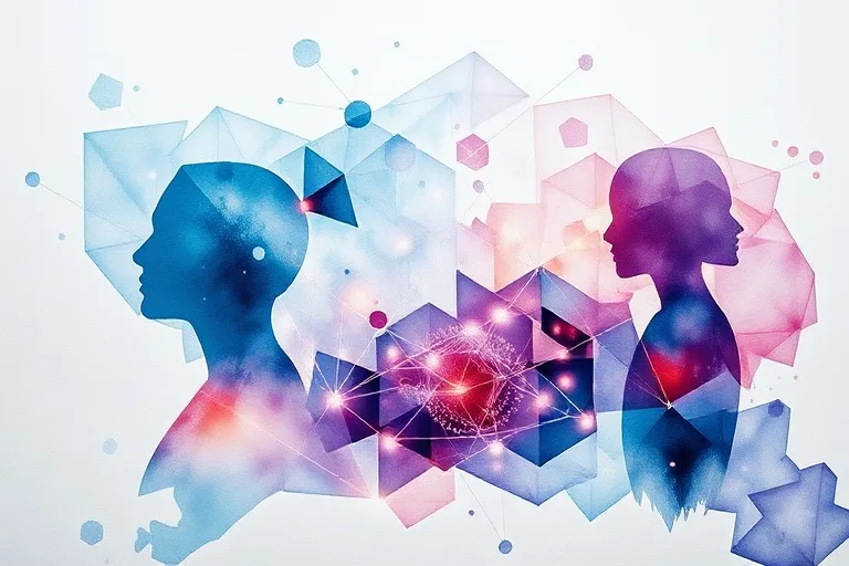 Pintura abstracta en acuarela de siluetas humanas y flujos de datos digitales, con colores difusos, que ilustra la complejidad ética de la IA en salud mental.