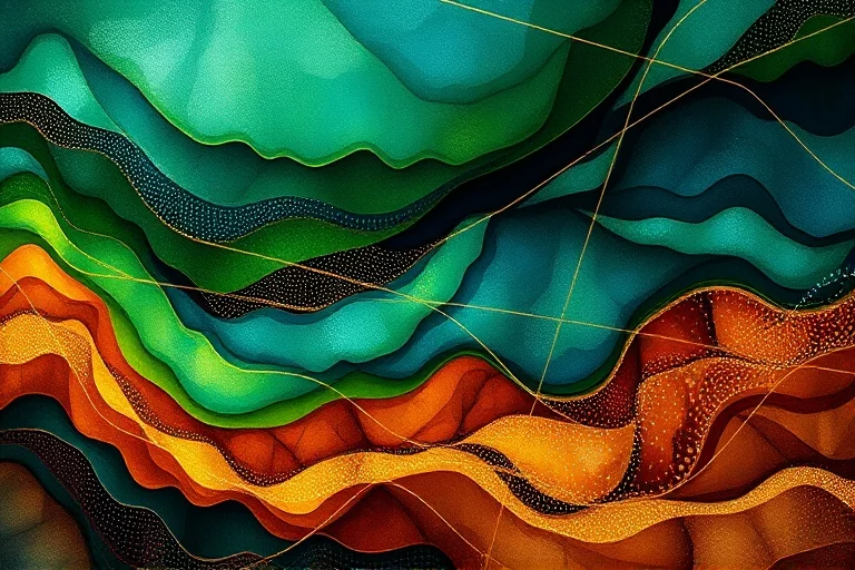 Pintura abstracta vibrante con capas de verdes, azules y marrones terrosos, entrecruzados por líneas doradas y plateadas, que representa la sostenibilidad ambiental, la equidad social y la prosperidad económica en un contexto corporativo.
