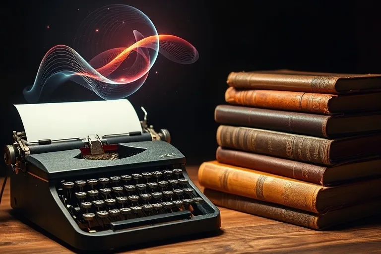 Una máquina de escribir antigua con una hoja de papel en blanco, junto a una pila de libros de leyes de derechos de autor y una proyección holográfica de arte digital abstracto, bañada en una luz suave y temperamental.