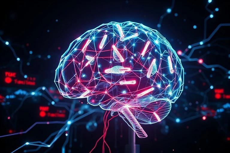 Cables digitales entrelazados formando una silueta de cerebro humano, rodeados de formas geométricas abstractas y flujos de datos brillantes, simbolizando la compleja interacción entre la creatividad humana y la inteligencia artificial.