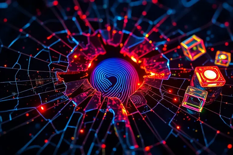 Render 3D de un protector de pantalla de privacidad roto sobre una interfaz digital, revelando datos biométricos fragmentados, rodeado de cubos translúcidos de datos.