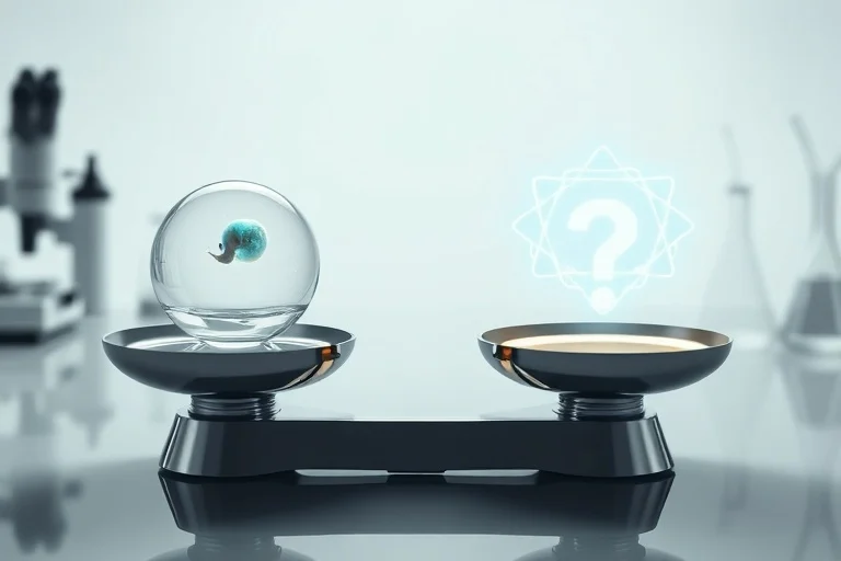 Bodegón conceptual de una balanza equilibrada, con un embrión delicado y brillante en un lado y símbolos éticos e interrogantes abstractos en el otro, iluminado por una luz suave y difusa en un laboratorio estéril.