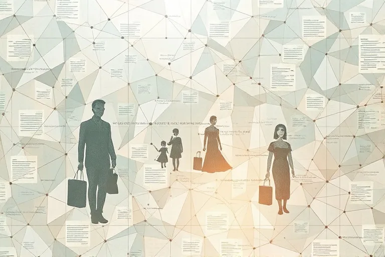Pintura digital abstracta de un mosaico de formas geométricas interconectadas y translúcidas, algunas insinuando la silueta de una familia, otras representando documentos legales o datos científicos, todo bañado en colores suaves y esperanzadores.