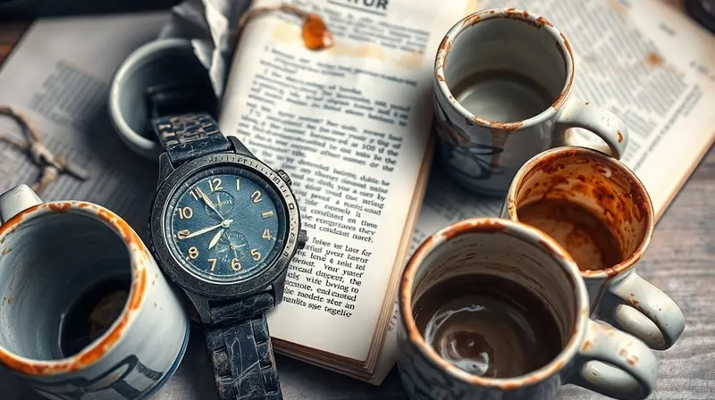 Fotografía macro de un reloj inteligente gastado y un libro de autoayuda arrugado, rodeados de tazas de café vacías, simbolizando el agotamiento por la búsqueda incesante del éxito.