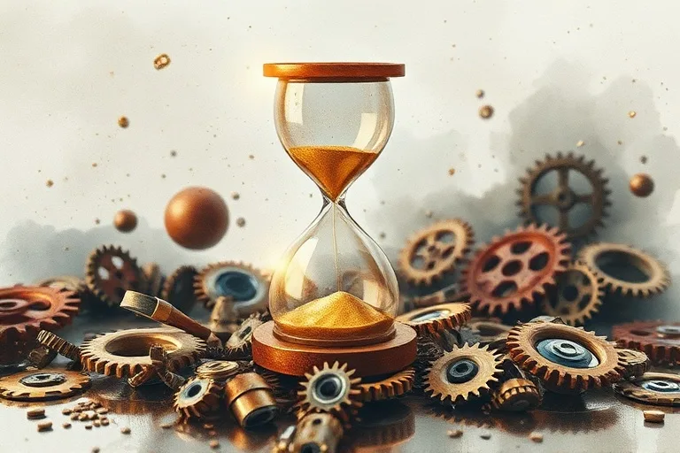 Pintura acuarela abstracta de un reloj de arena dorado y frágil, rodeado de engranajes rotos, simbolizando la presión del tiempo y la búsqueda incesante de logros.